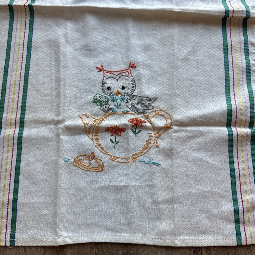 Vintage Tea Towel With An Owl And Tea Pot Embroidered